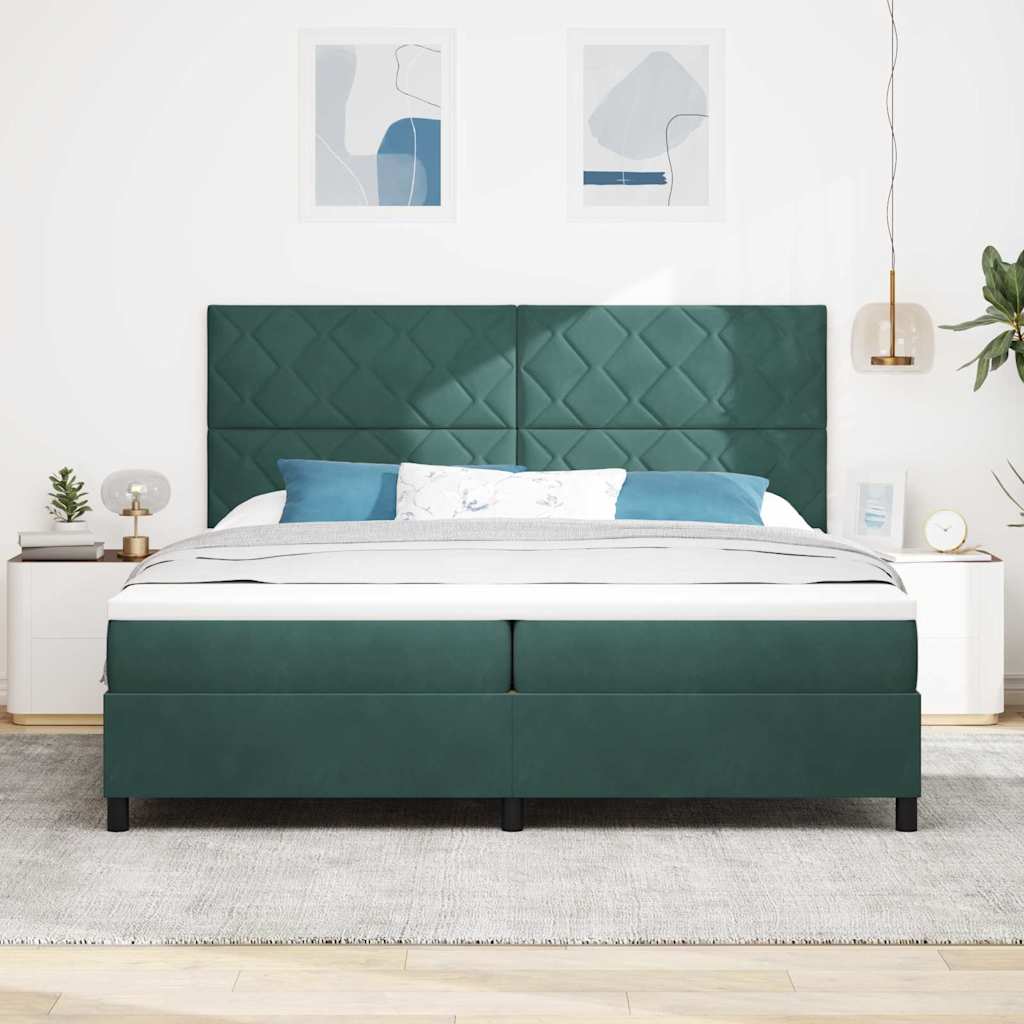 Box spring seng med hovedgærde Mørkegrøn 200 x 200 cm Fløjl