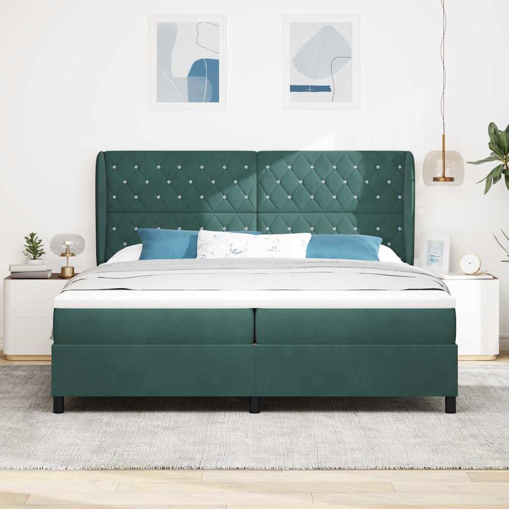 Box spring seng med hovedgærde Mørkegrøn 200 x 200 cm Fløjl