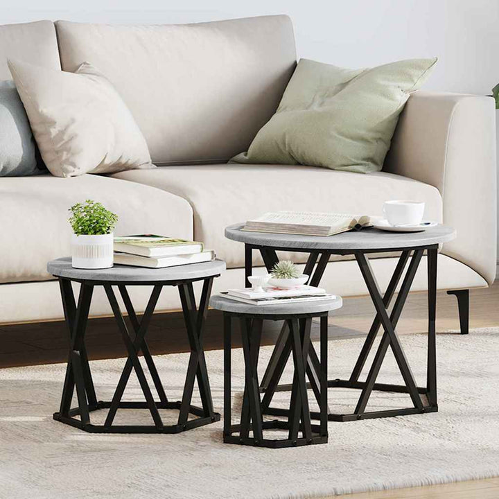 Nesting Sidebord 3 pcs Grå Sonoma Ingeniørtræ og stål