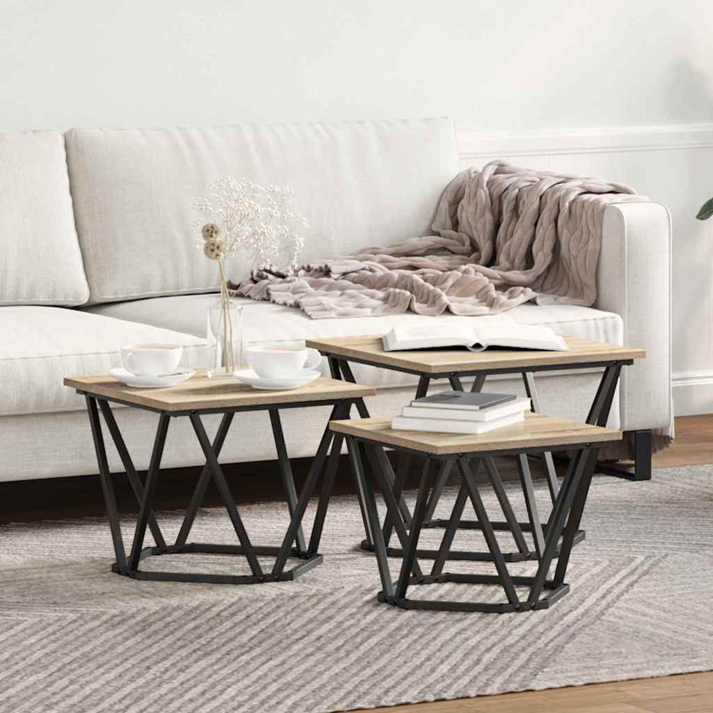 Sofabord 3 pcs Sonoma eg Ingeniørtræ og stål
