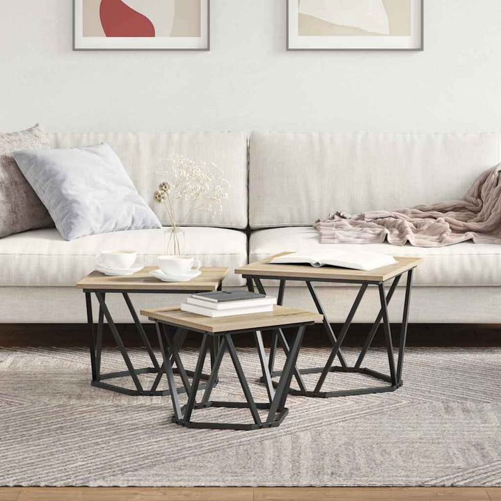 Sofabord 3 pcs Sonoma eg Ingeniørtræ og stål