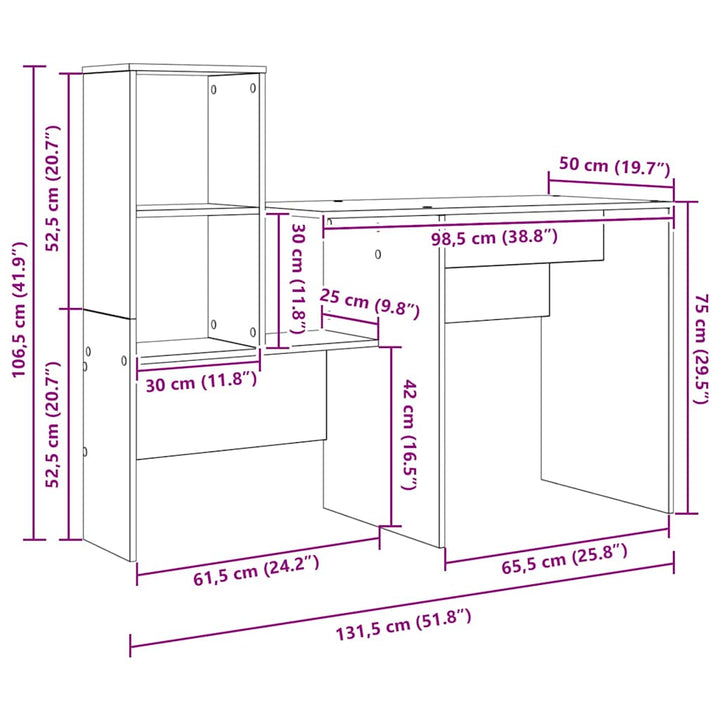 Bord med hylde Sonoma eg 131,5 x 50 x 106,5 cm Konstrueret træ