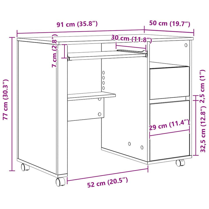 Skrivebord med Hjul Sonoma eg 91 x 50 x 77 cm Konstrueret træ