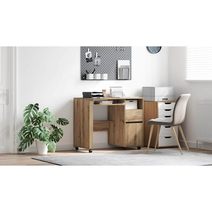 Skrivebord med Hjul med skuffe Artisan Egetræ 91 x 50 x 77 cm