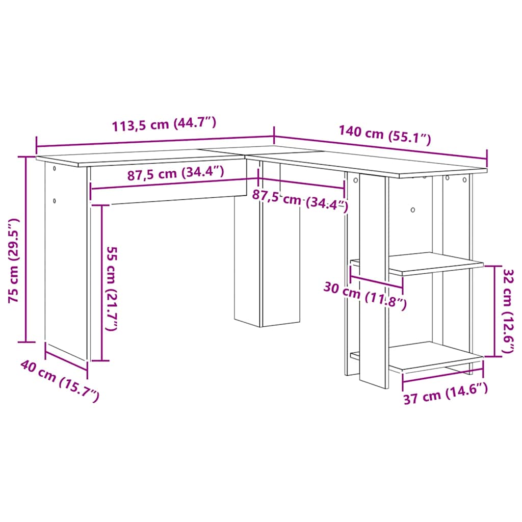 Hjørneskrivebord Sonoma eg 140 x 113,5 x 75 cm Konstrueret træ