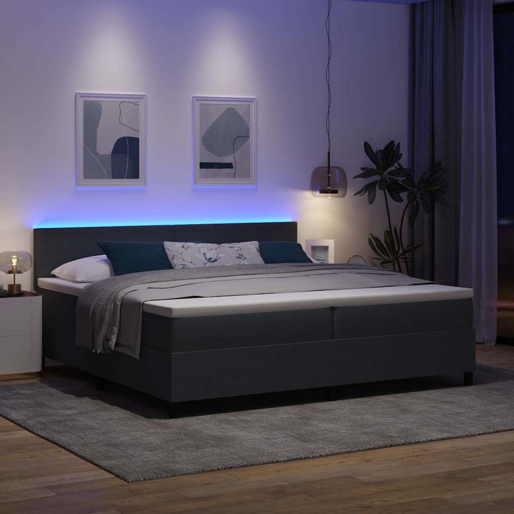 LED Box Spring Bed Mørkegrå og Hvid 200 x 200 cm Velourstof
