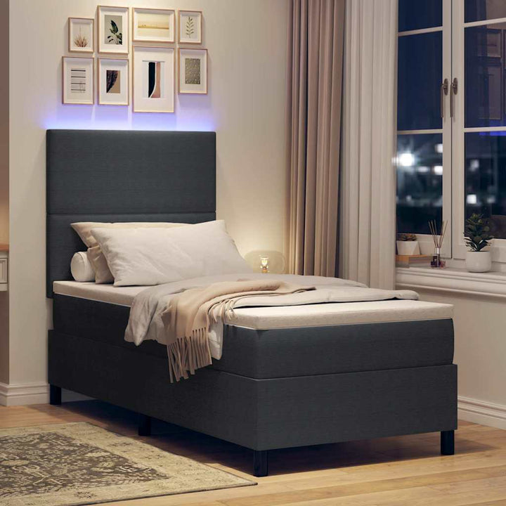 LED Box Spring Bed Mørkegrå og Hvid 90 x 190 cm Velourstof