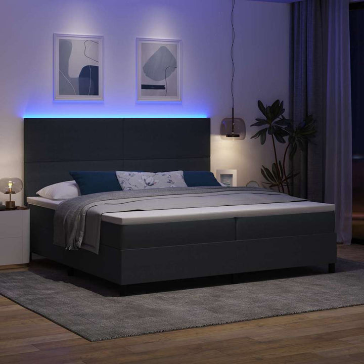 LED Box Spring Bed Mørkegrå og Hvid 200 x 200 cm Velourstof