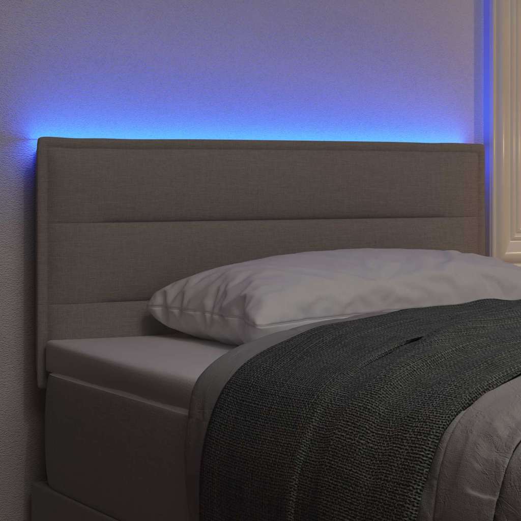 LED sengegavl med LED-lysstrimler Gråbrun 90 cm Stof