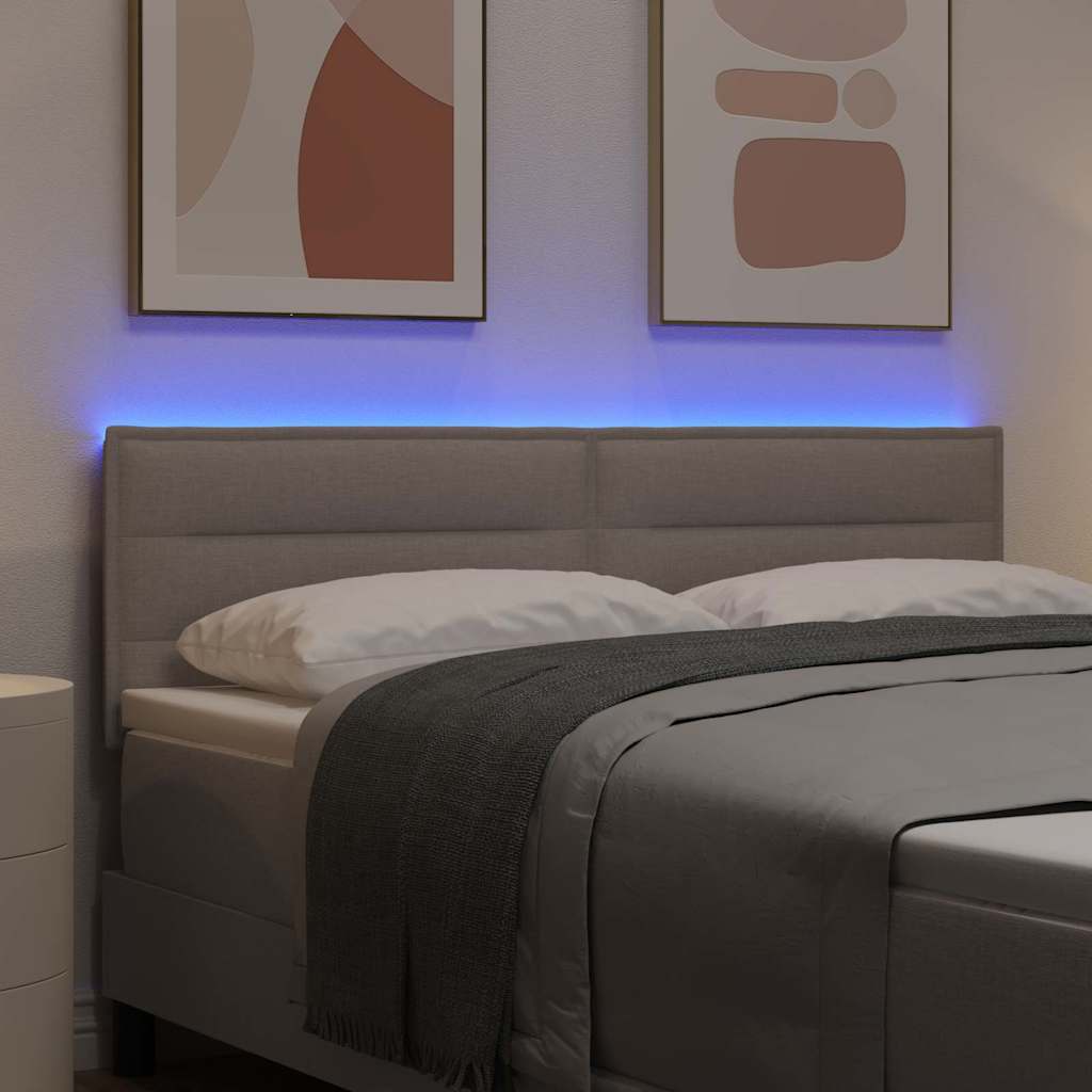 LED sengegavl med LED-lysstrimler Gråbrun 144 cm Stof