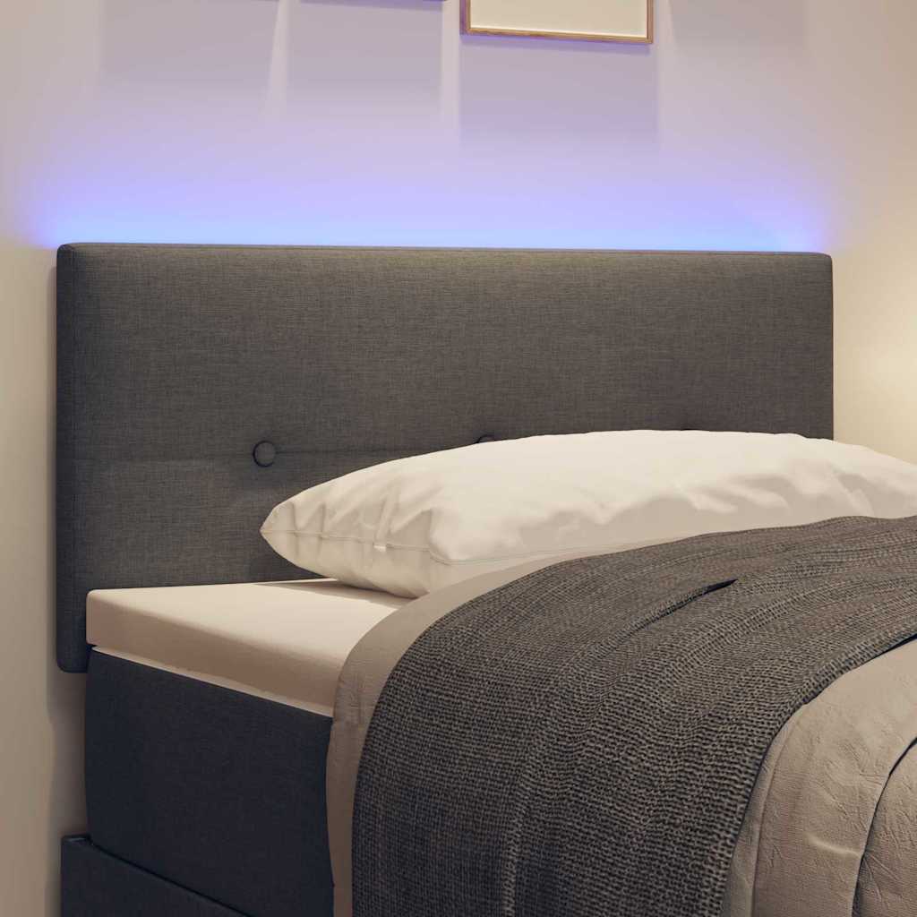 LED sengegavl med LED-lysstrimler Mørkegrå 90 cm Stof
