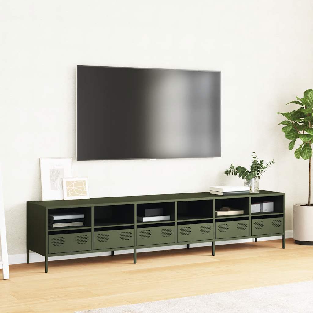 tv-bord 202x39x43,5 cm koldvalset stål olivengrøn'