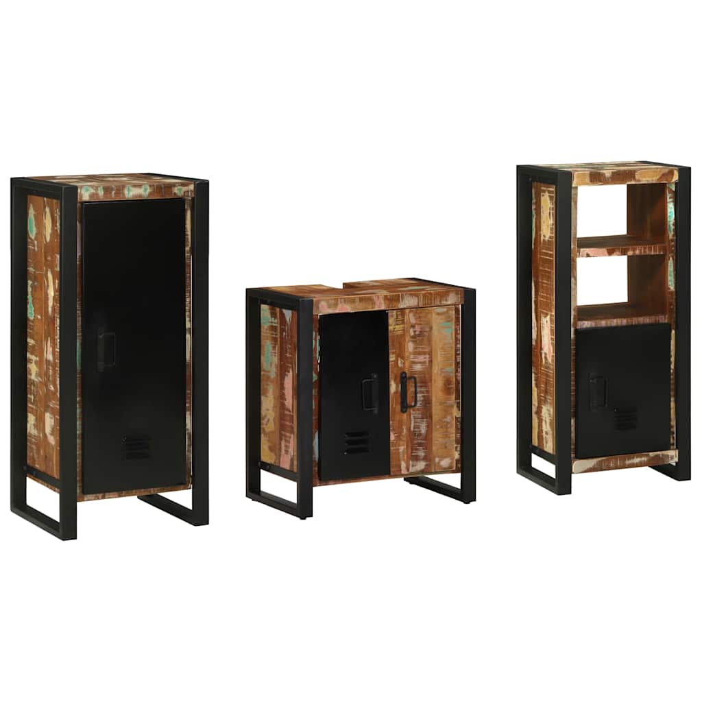 Badeværelsesmøbel sæt 3 pcs Mønstret og sort Solid genbrugs træ
