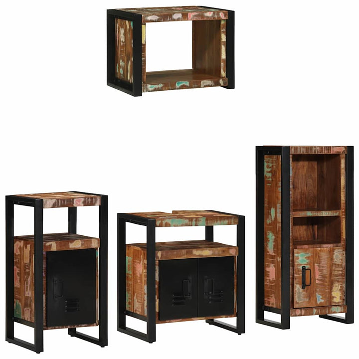 Badeværelsesmøbel sæt 4 pcs Mønstret og sort Solid genbrugs træ