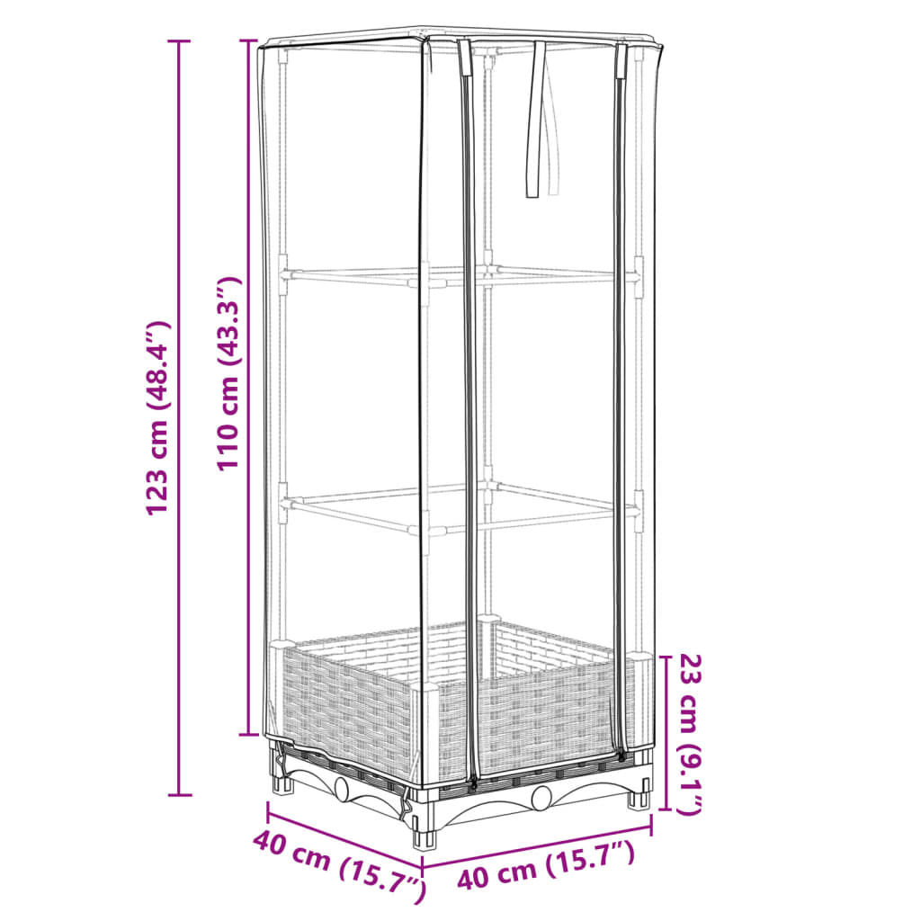 højbed med drivhusovertræk 40x40x123 cm rattan-look