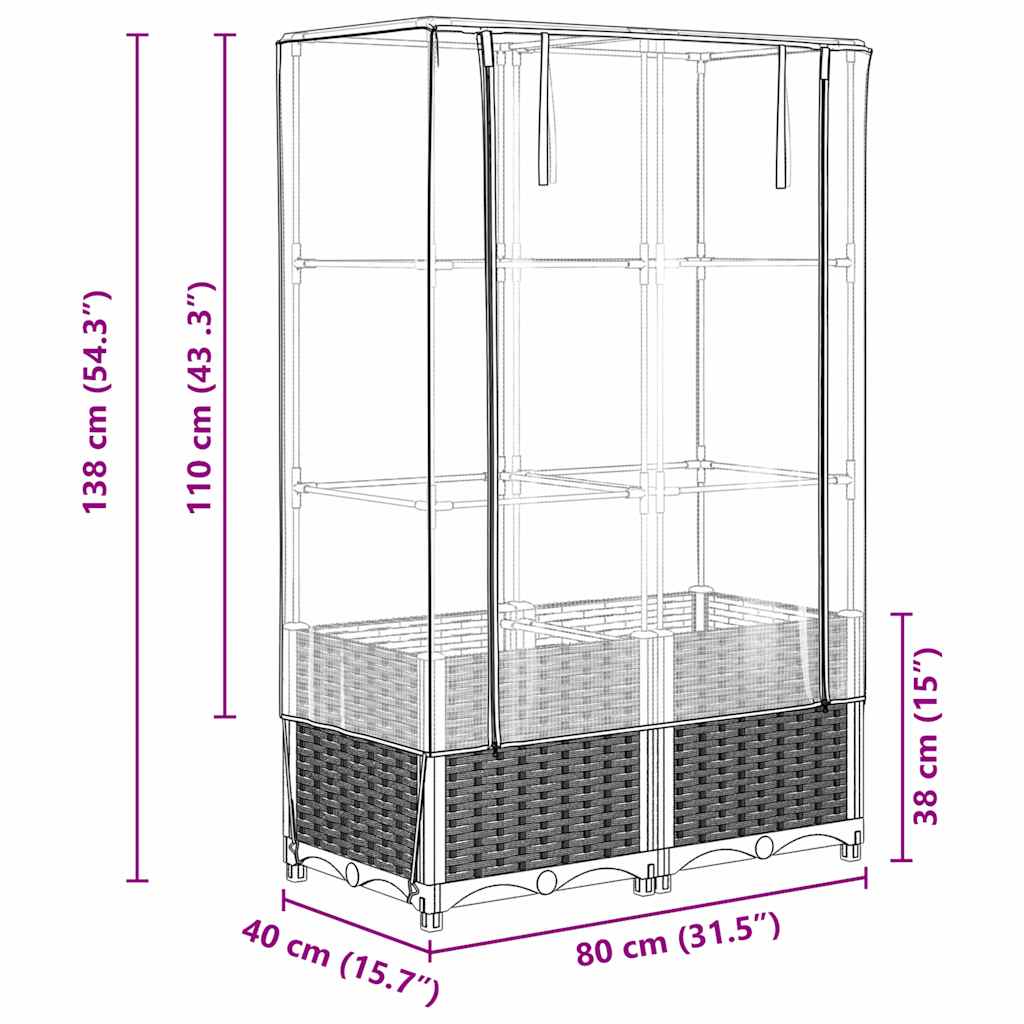 højbed med drivhusovertræk 80x40x138 cm rattan-look