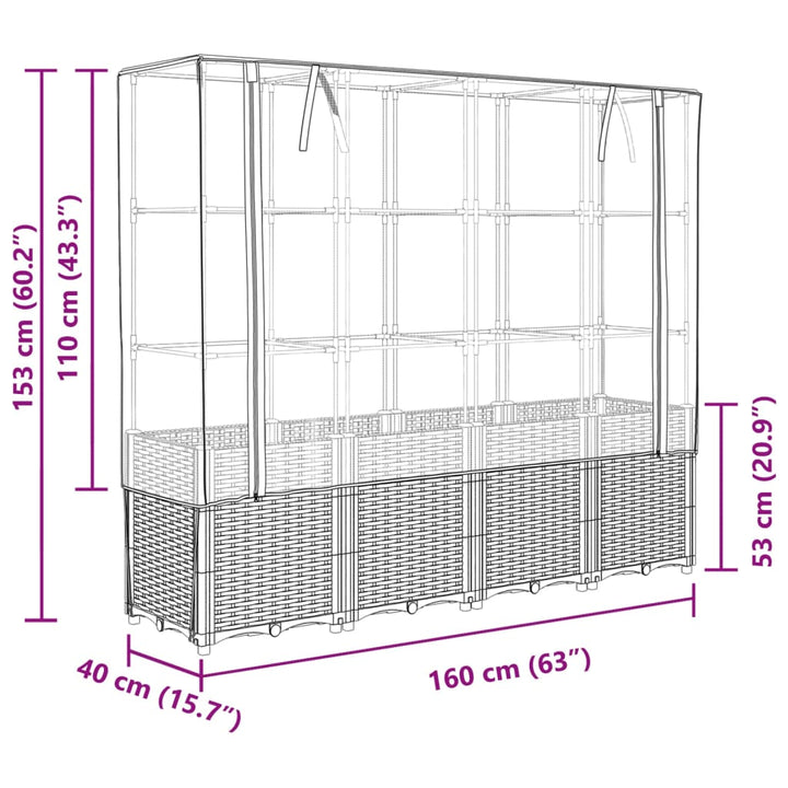 højbed med drivhusovertræk 160x40x153 cm rattan-look