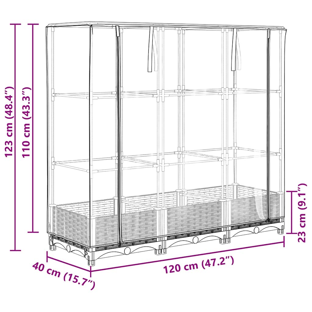 højbed med drivhusovertræk rattan-look 120x40x123 cm