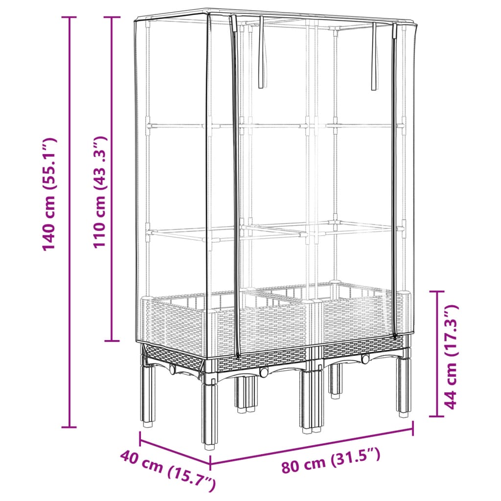 højbed med drivhusovertræk 80x40x140 cm rattan-look