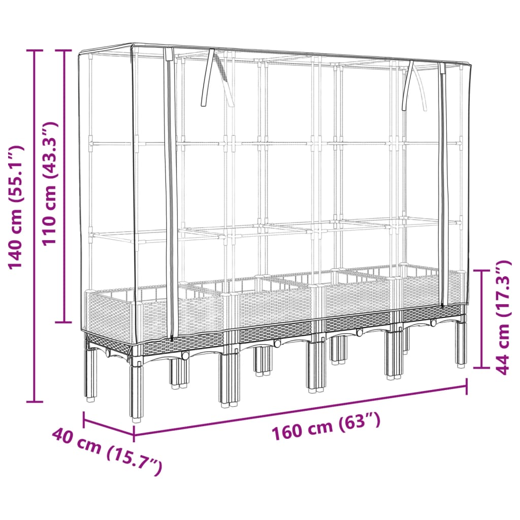højbed med drivhusovertræk 160x40x140 cm rattan-look