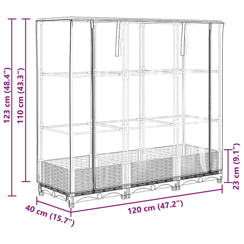 højbed med drivhusovertræk rattan-look 120x40x123 cm
