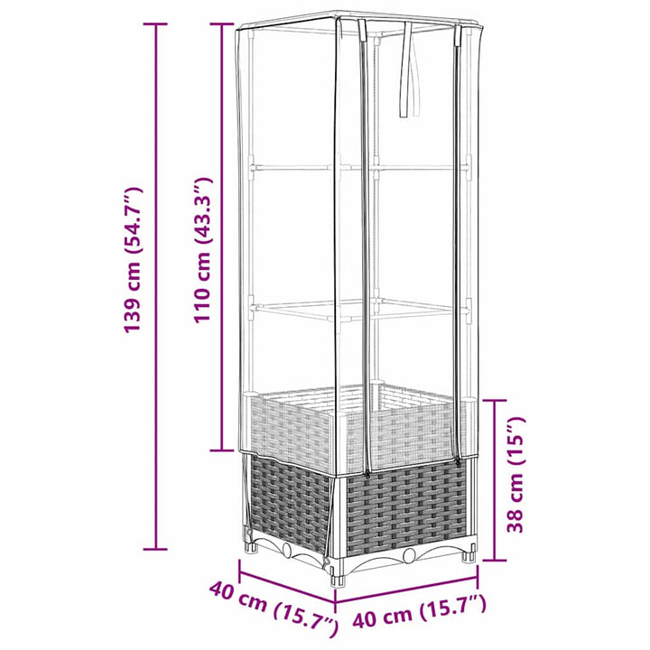 højbed med drivhusovertræk 40x40x139 cm rattan-look