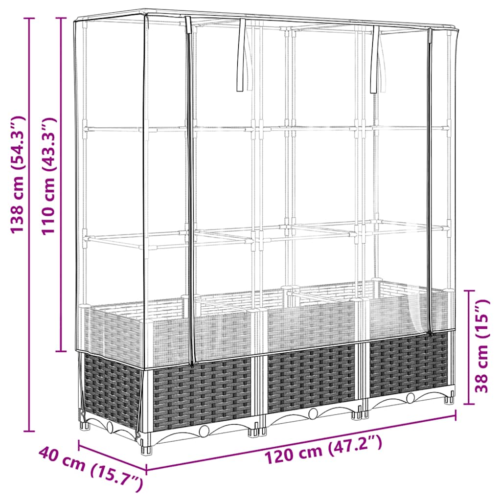 højbed med drivhusovertræk 120x40x138 cm rattan-look