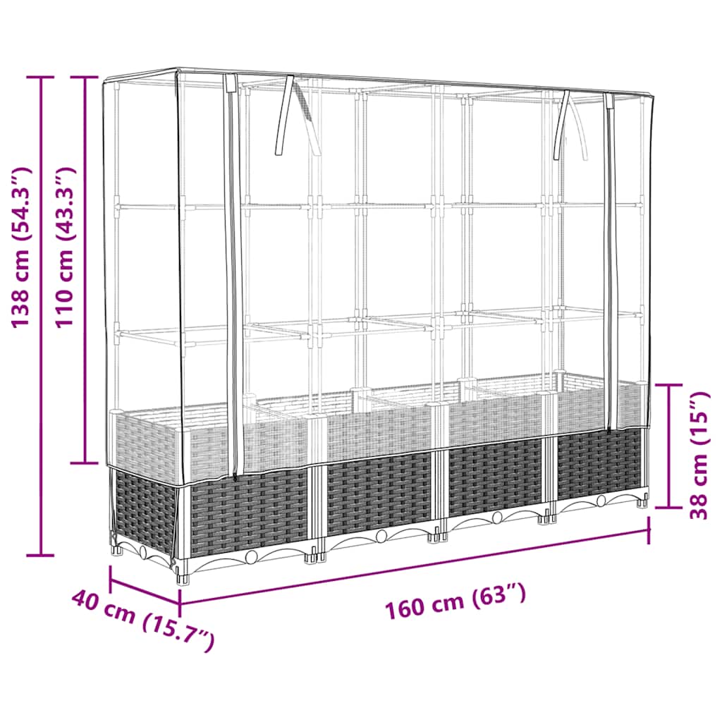 højbed med drivhusovertræk rattan-look 160x40x138 cm