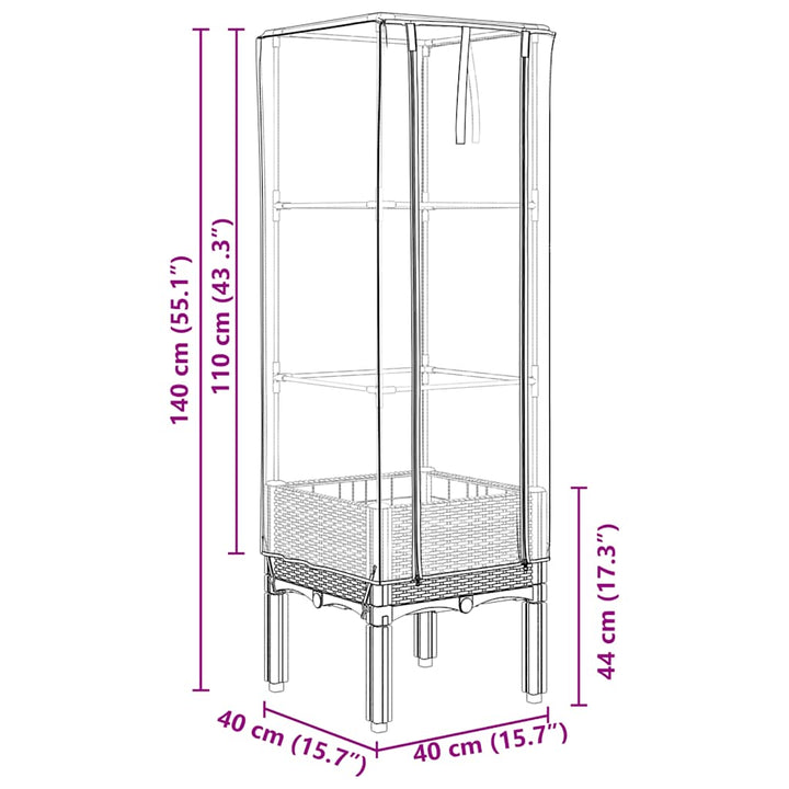 højbed med drivhusovertræk 40x40x140 cm rattan-look