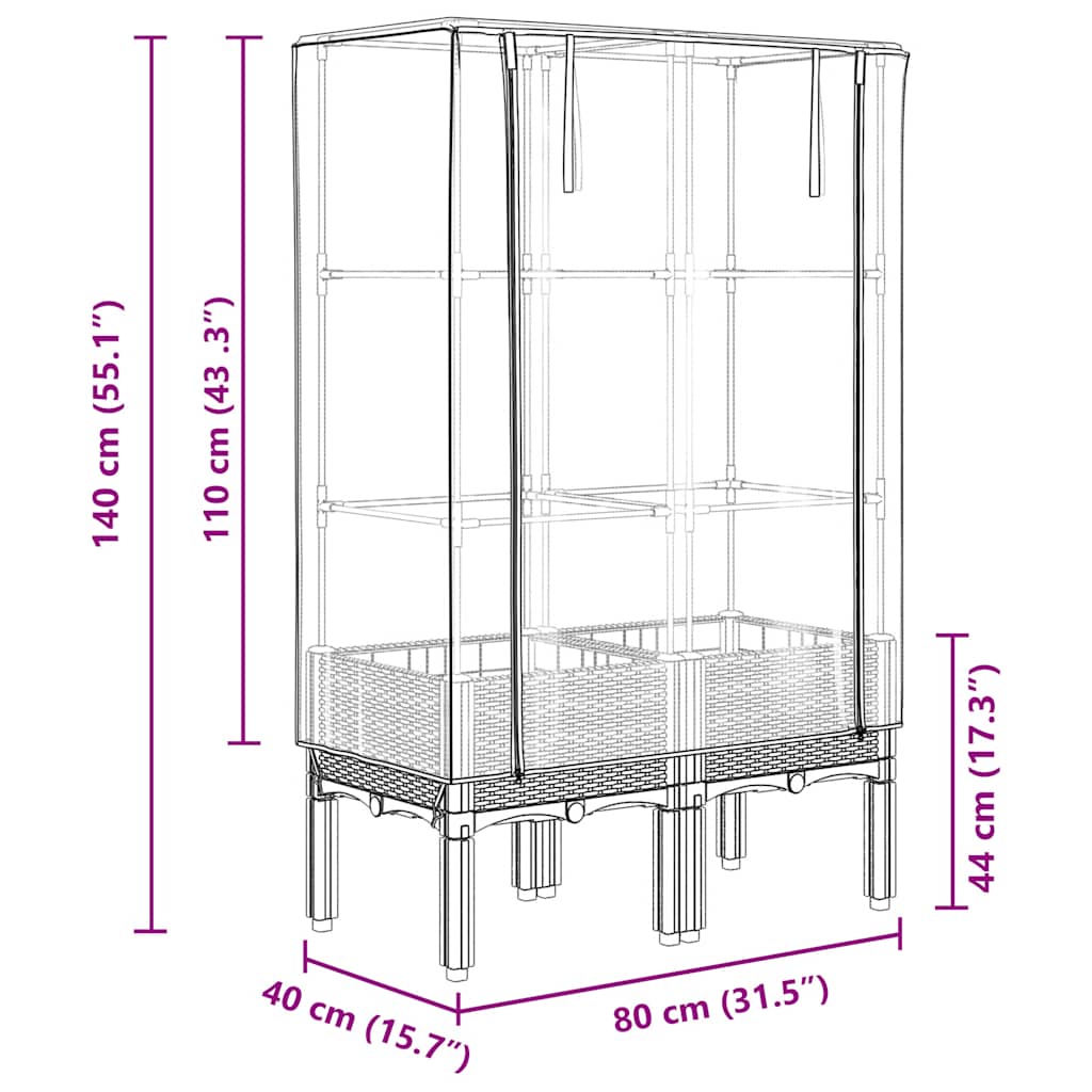 højbed med drivhusovertræk 80x40x140 cm rattan-look