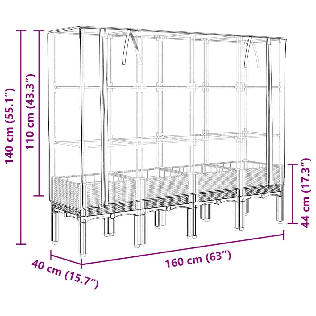 højbed med drivhusovertræk 160x40x140 cm rattan-look