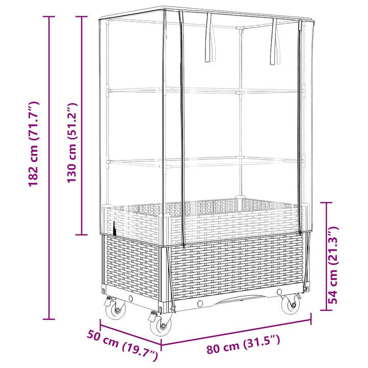 højbed med overtræk og hjul 80x50x182 cm rattan-look