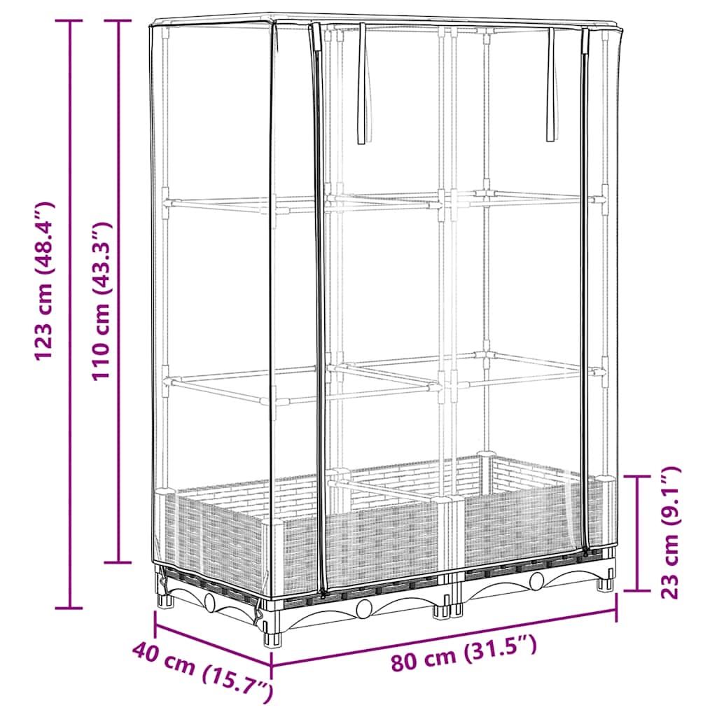 højbed med drivhusovertræk 80x40x123 cm rattan-look