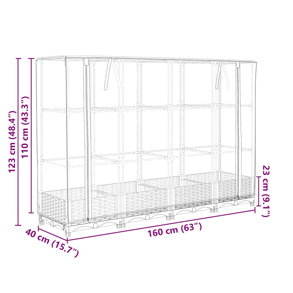 højbed med drivhusovertræk 160x40x123 cm rattan-look