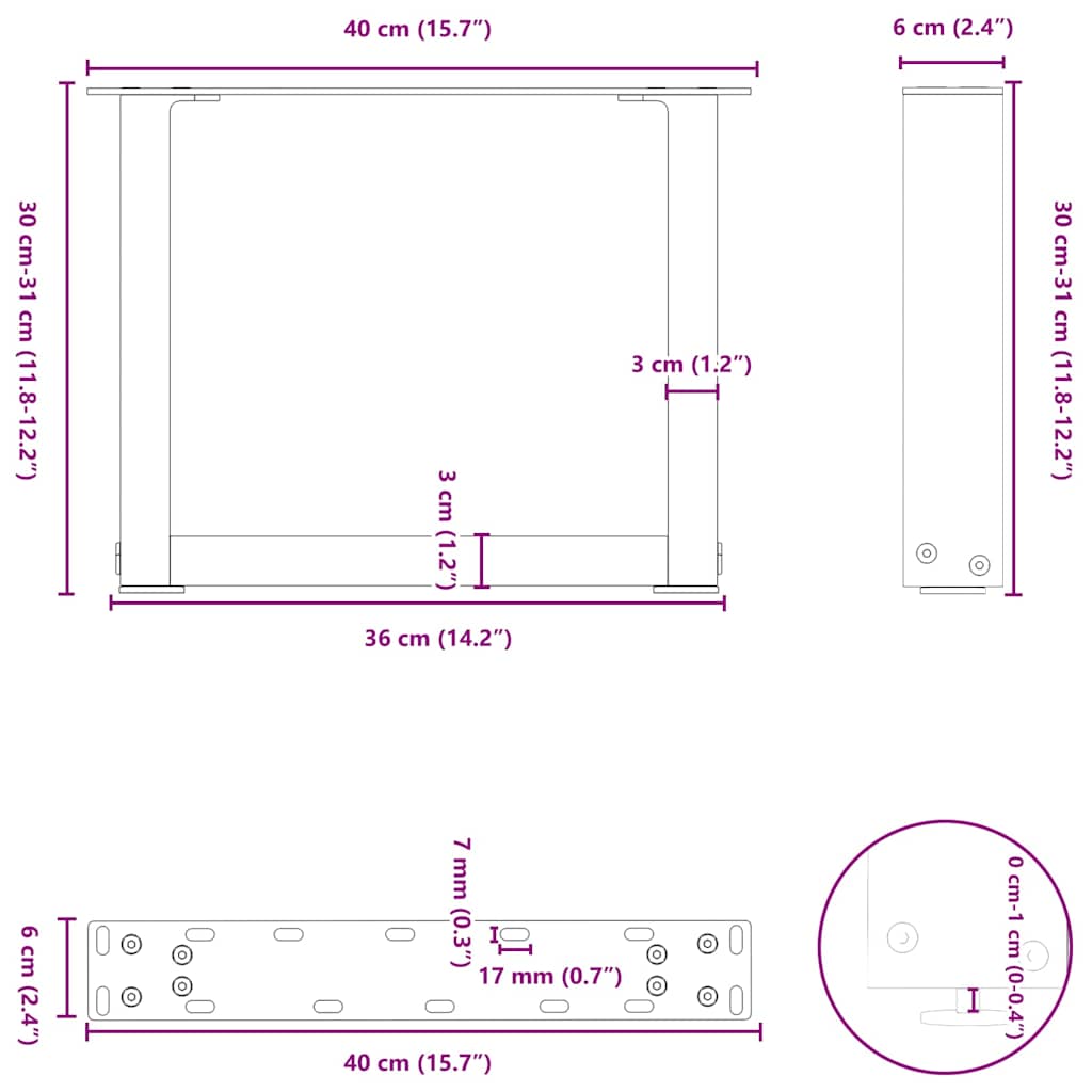 sofabordsben U-formet 2 stk. antracit 40x(30-31) cm stål