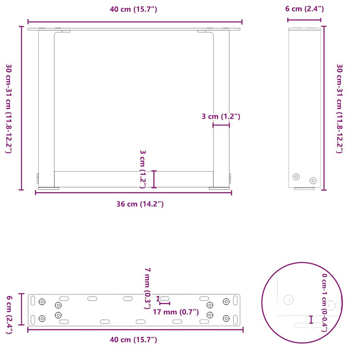 sofabordsben U-formet 2 stk. antracit 40x(30-31) cm stål