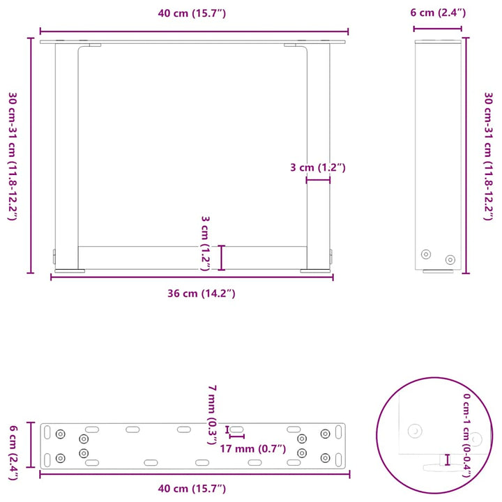 sofabordsben U-formet 2 stk. naturstål 40x(30-31) cm stål