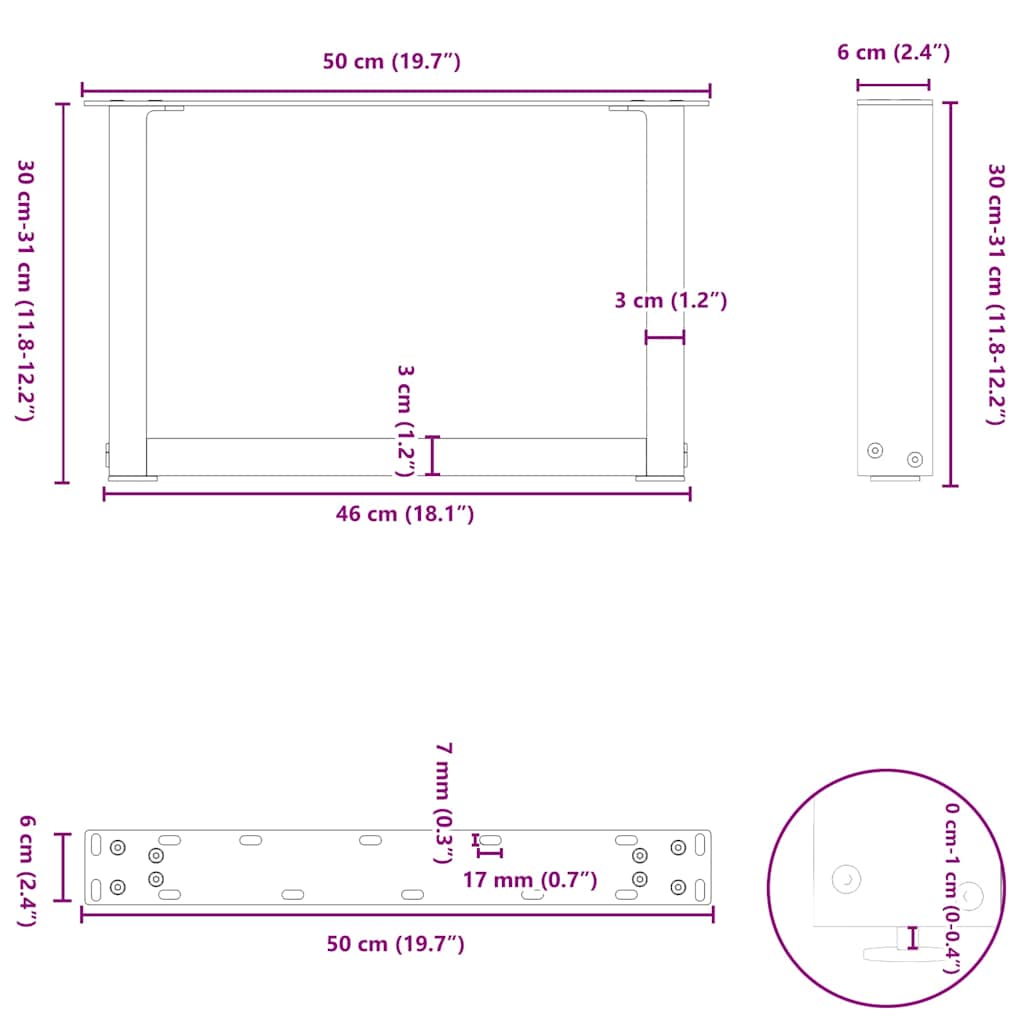 sofabordsben U-formet 2 stk. sort 50x(30-31) cm stål