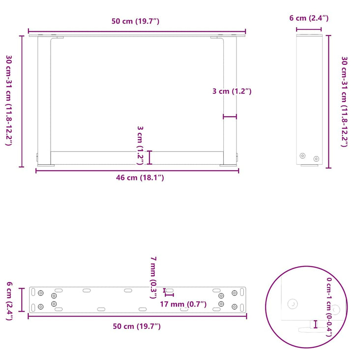 sofabordsben U-formet 2 stk. antracit 50x(30-31) cm stål