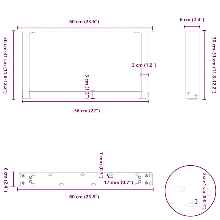 sofabordsben U-formet 2 stk. sort 60 x (30-31) cm stål