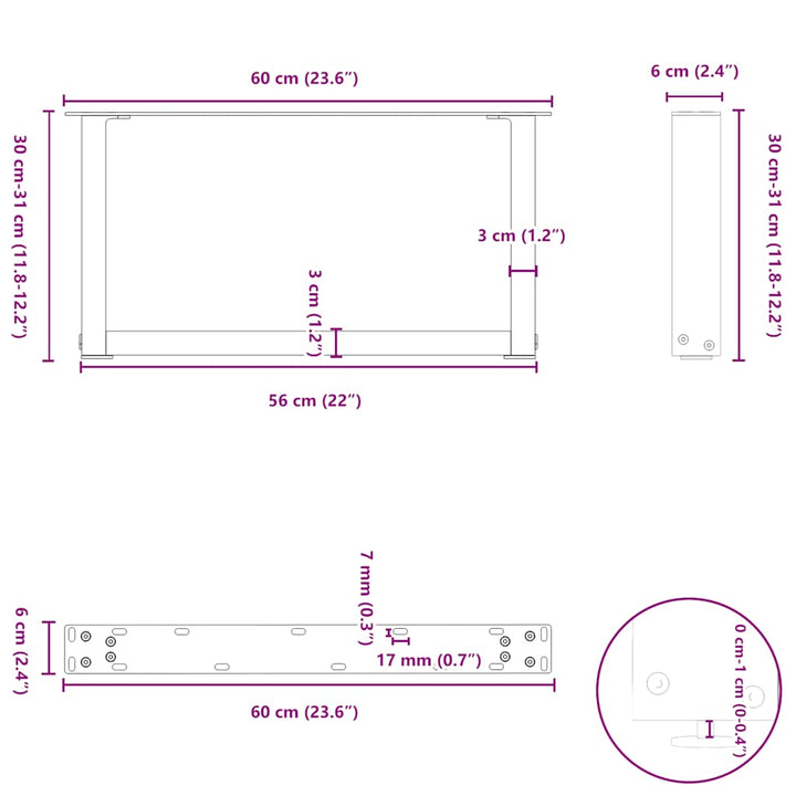 sofabordsben U-formet 2 stk. antracit 60x(30-31) cm stål