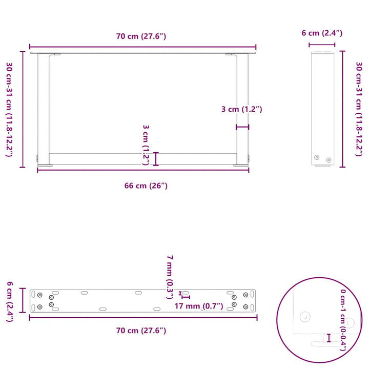 sofabordsben U-formet 2 stk. sort 70 x (30-31) cm stål