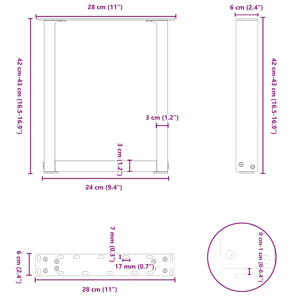sofabordsben U-formet 2 stk. sort 28 x (42-43) cm stål