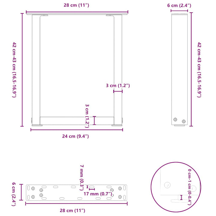sofabordsben U-formet 2 stk. hvid 28 x (42-43) cm stål