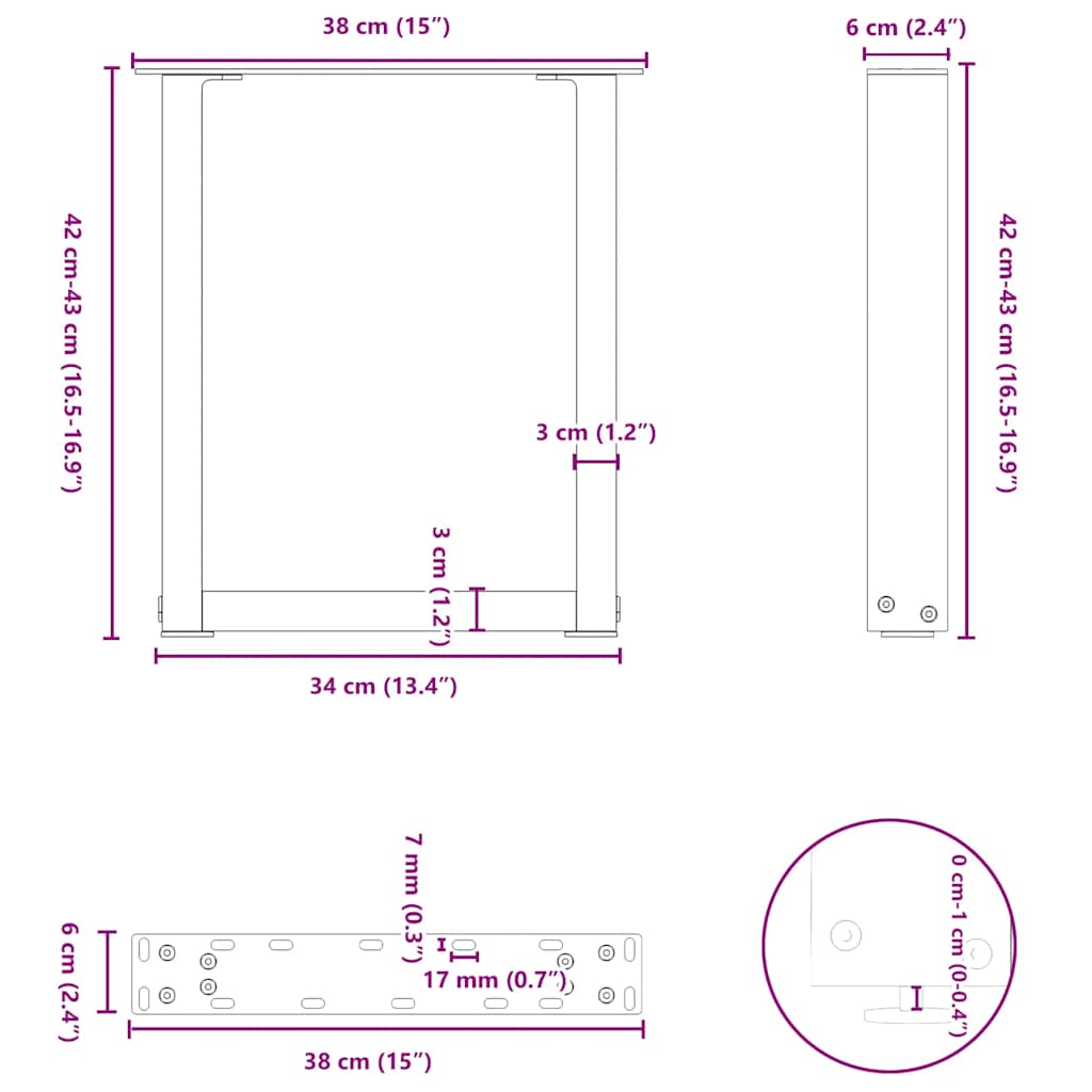 sofabordsben U-formet 2 stk. antracit 38 x (42-43) cm stål