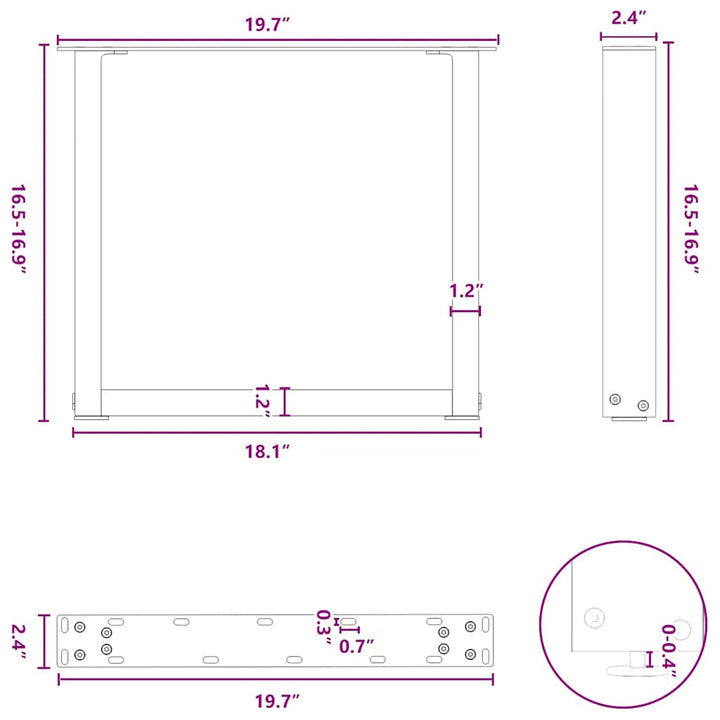sofabordsben U-formet 2 stk. sort 50x(42-43) cm stål