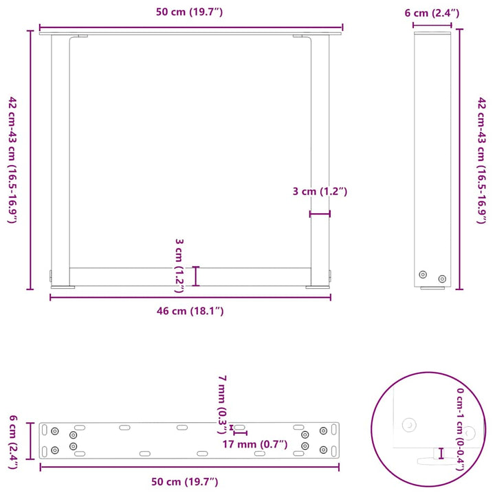 sofabordsben U-formet 2 stk. sort 50x(42-43) cm stål