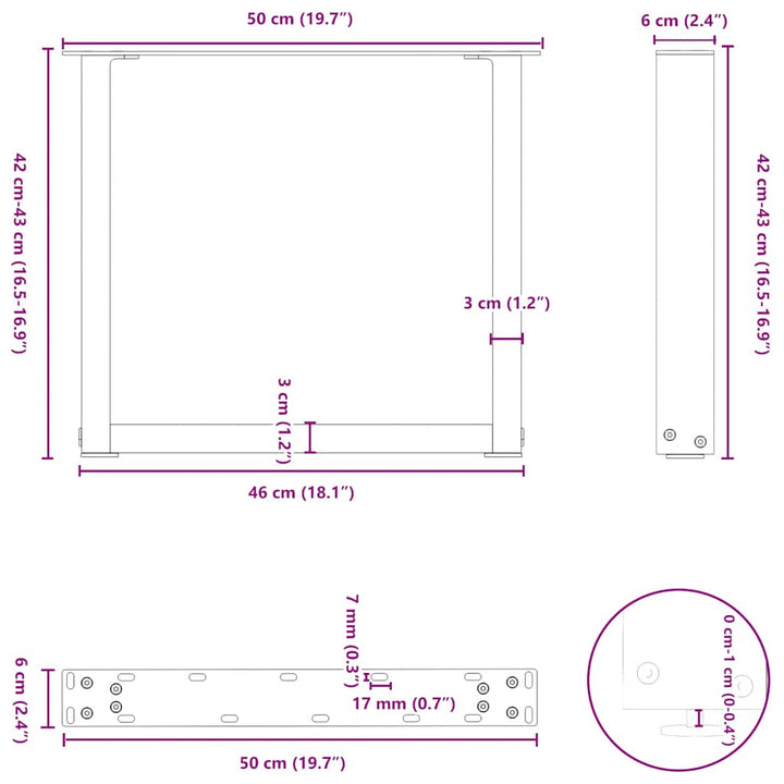 sofabordsben U-formet 2 stk. hvid 50x(42-43) cm stål