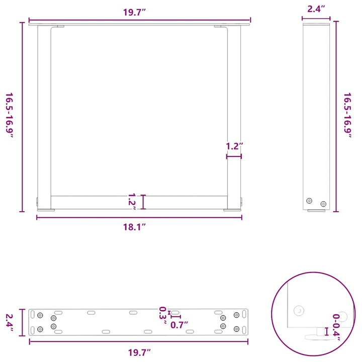 sofabordsben U-formet 2 stk. naturstål 50x(42-43) cm stål