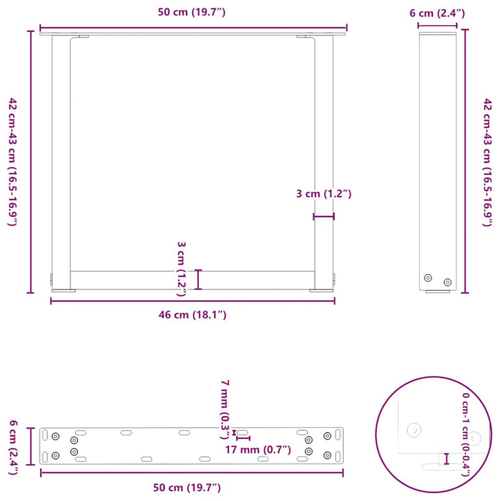 sofabordsben U-formet 2 stk. naturstål 50x(42-43) cm stål